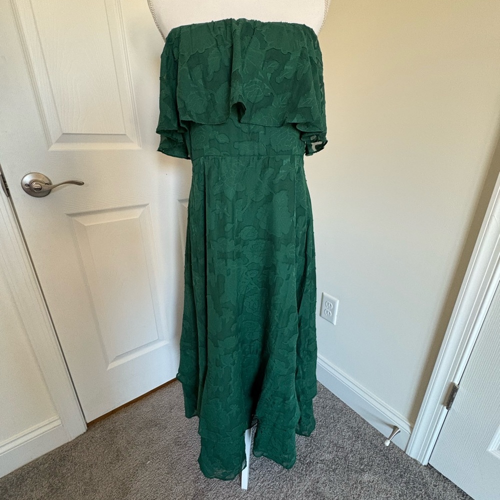 Lulu's Strapless Dark Green Floral Jacquard Maxi Dress